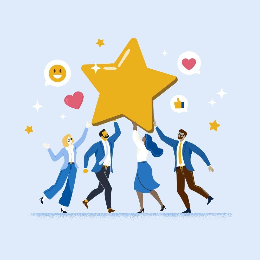Illustration of five people, dressed in distinct business attire, energetically lifting a large yellow star above their heads. The background is a light blue with scattered stars and speech bubbles containing symbols like hearts and a smiley face, conveying a sense of achievement and positivity.