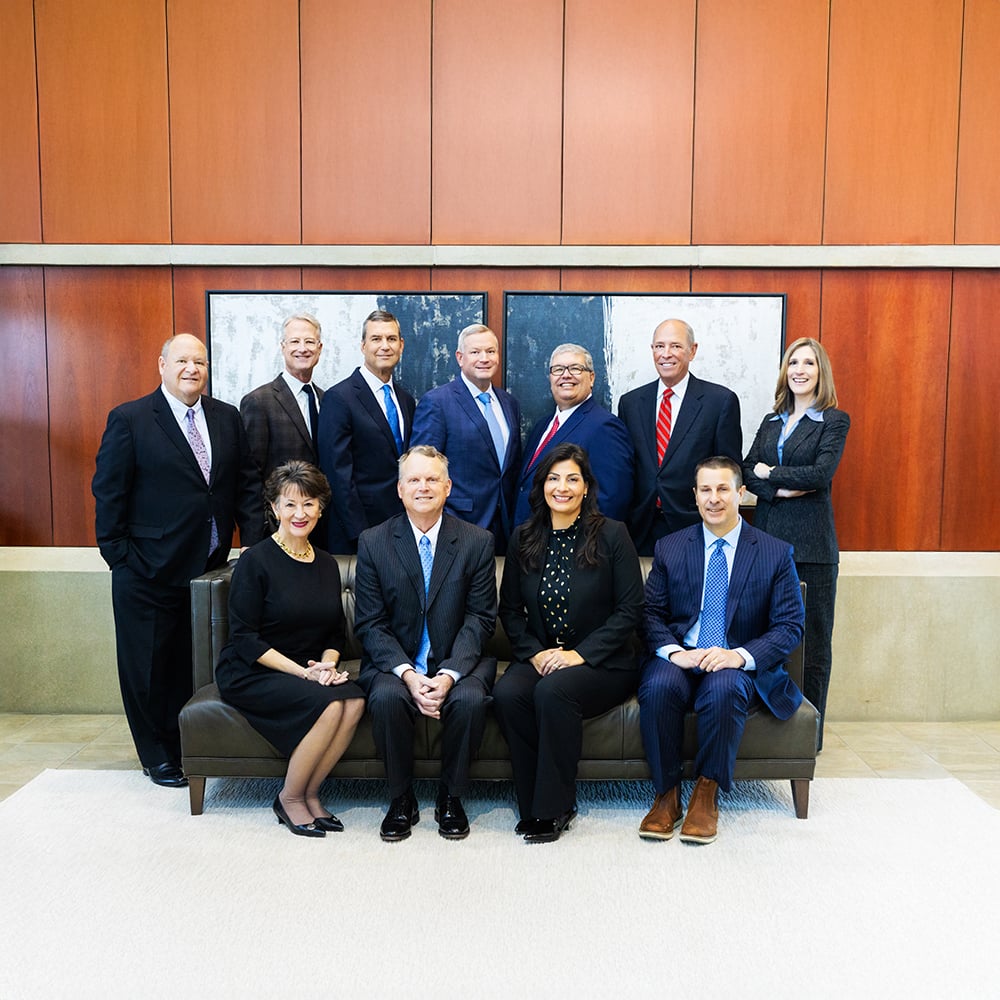 Eleven people, eight men and three women, posing for a professional photo, dressed in business attire. Arranged in two rows; the front row consists of four people sitting on a couch, the back row has seven people standing. Wall behind them features wooden paneling, and a large abstract painting.